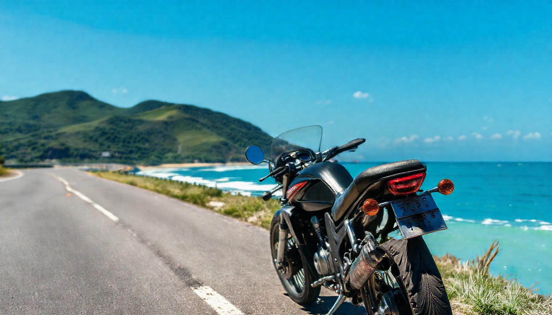 Moto estacionada em estrada litoranea com mar azul turquesa ao fundo em Ubatuba SP
