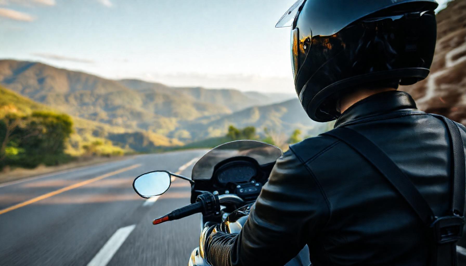 Piloto feminina em estrada de montanha com equipamento completo e capacete escuro em Sao Paulo