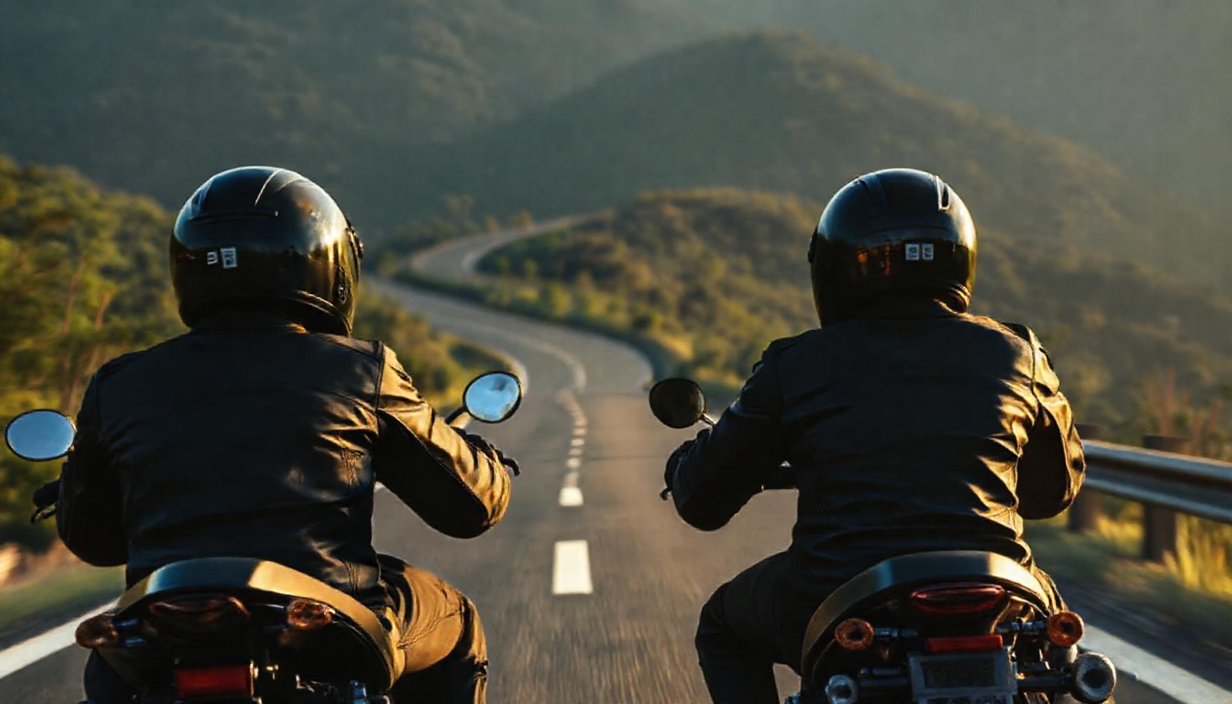 Dois pilotos de moto na estrada com mata atlantica ao fundo em Sao Paulo