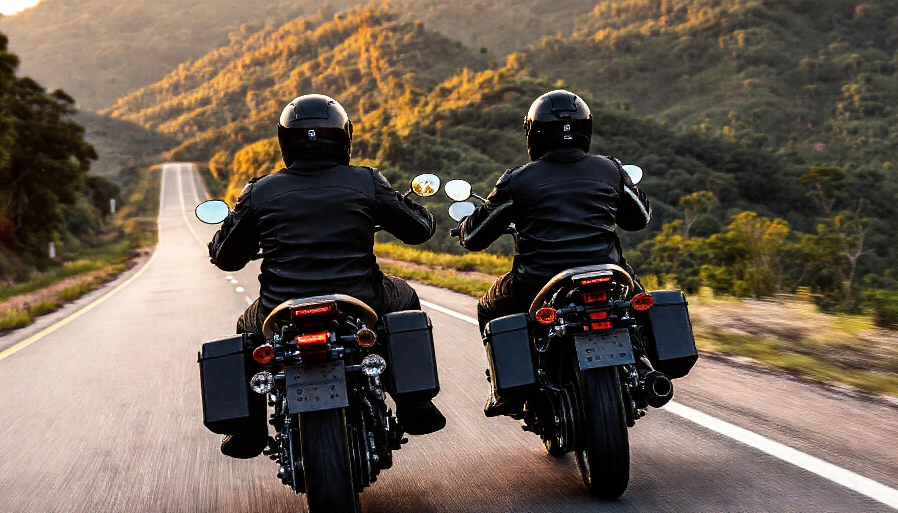 dois motociclistas de costas em estrada brasileira com morros verdes ao fundo