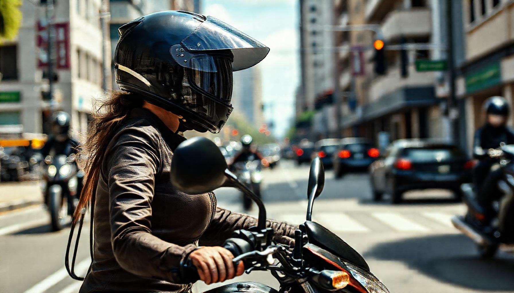 Piloto mulher com equipamento completo e capacete de viseira escura andando em moto no trânsito urbano