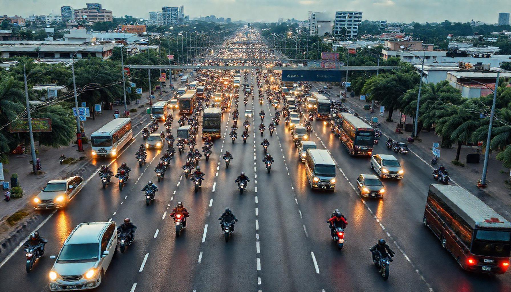 Vista aérea do trânsito de Goiânia com motos e carros na avenida