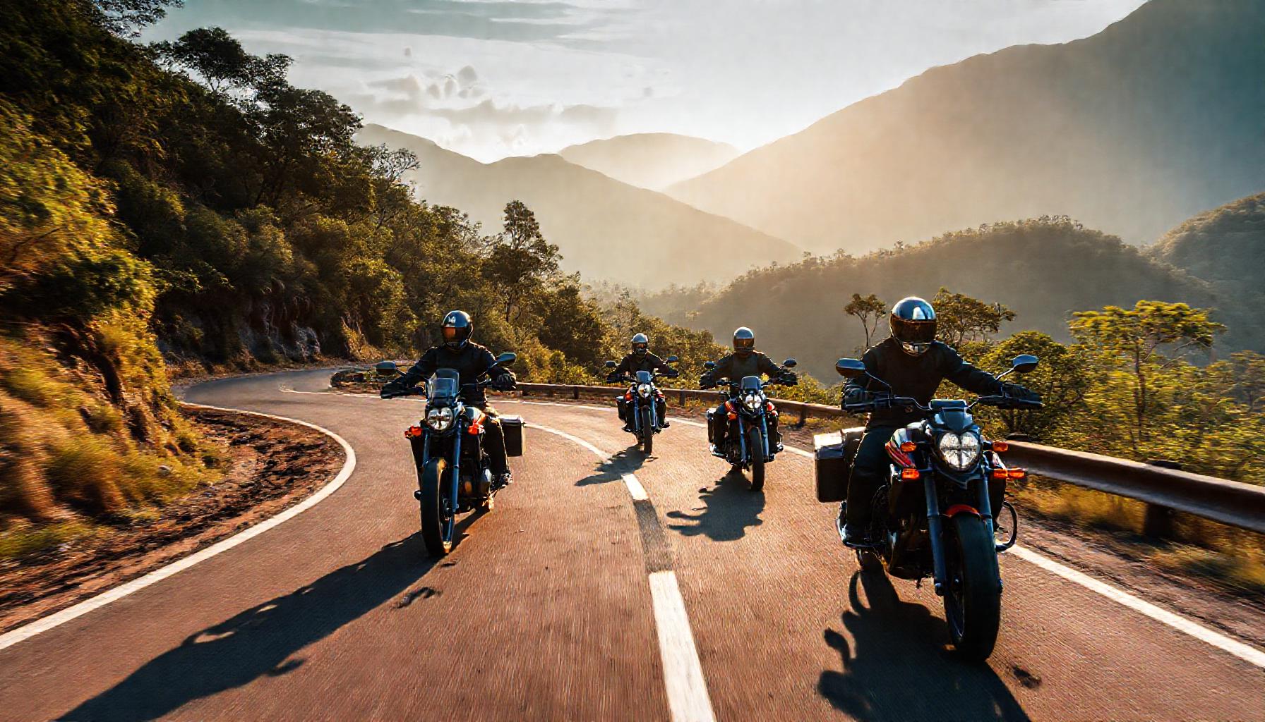 Grupo de motos viajando em fila numa estrada de montanha na Serra Catarinense, Mata Atlântica ao fundo